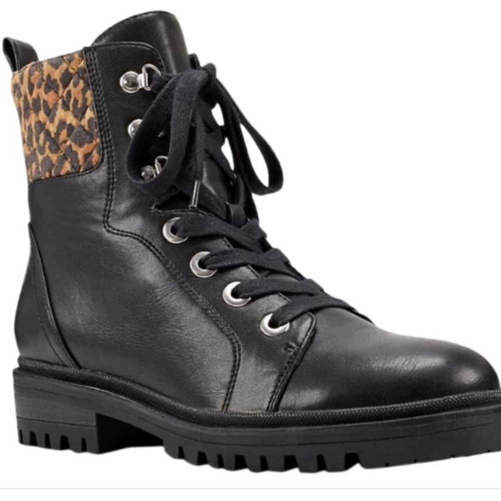 Nine West Black Leopard Wylie Combat Boots/Booties Size 7
